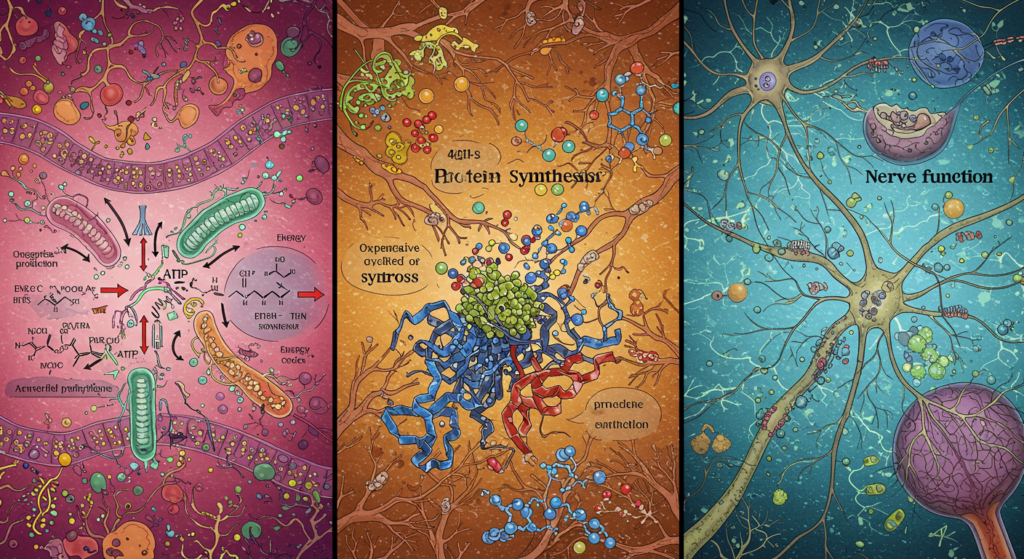 energy production, protein synthesis, and nerve function.