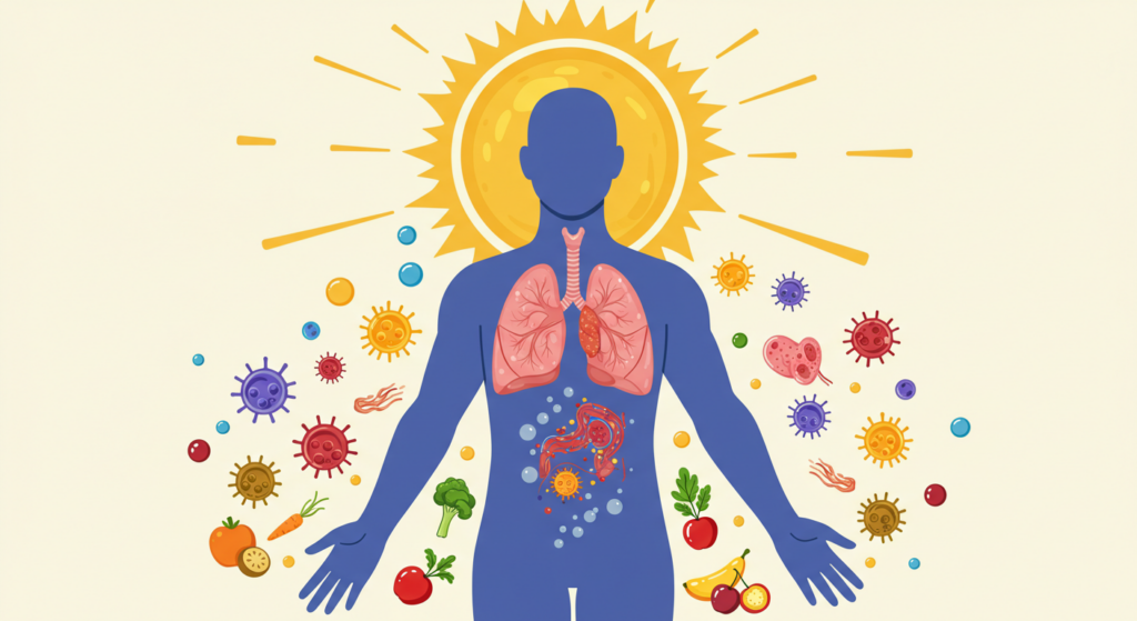 a illustration about the benefits  os vitamin d for health like sun, respiratory and immunity