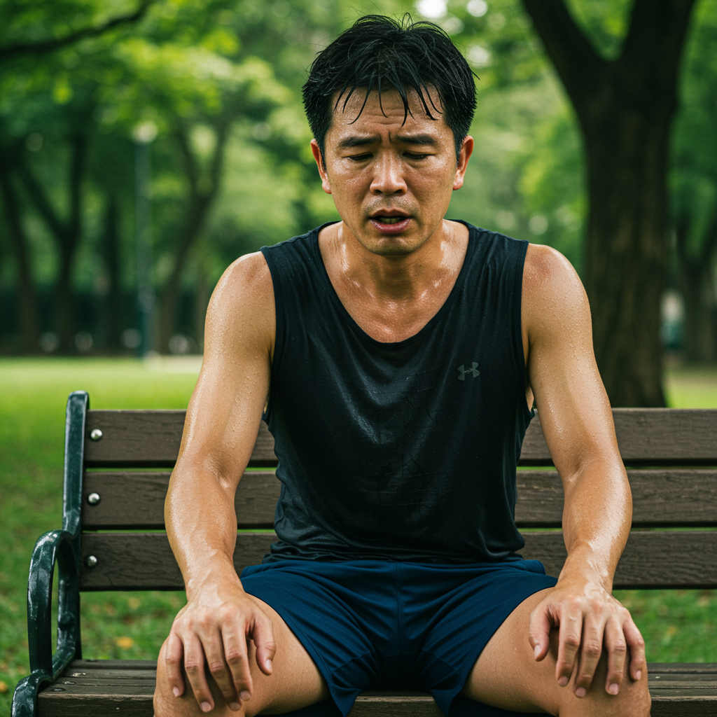 a man tired after exercises as a result of NAD+ decline after 40 years , he needs a NAD+ Boosters