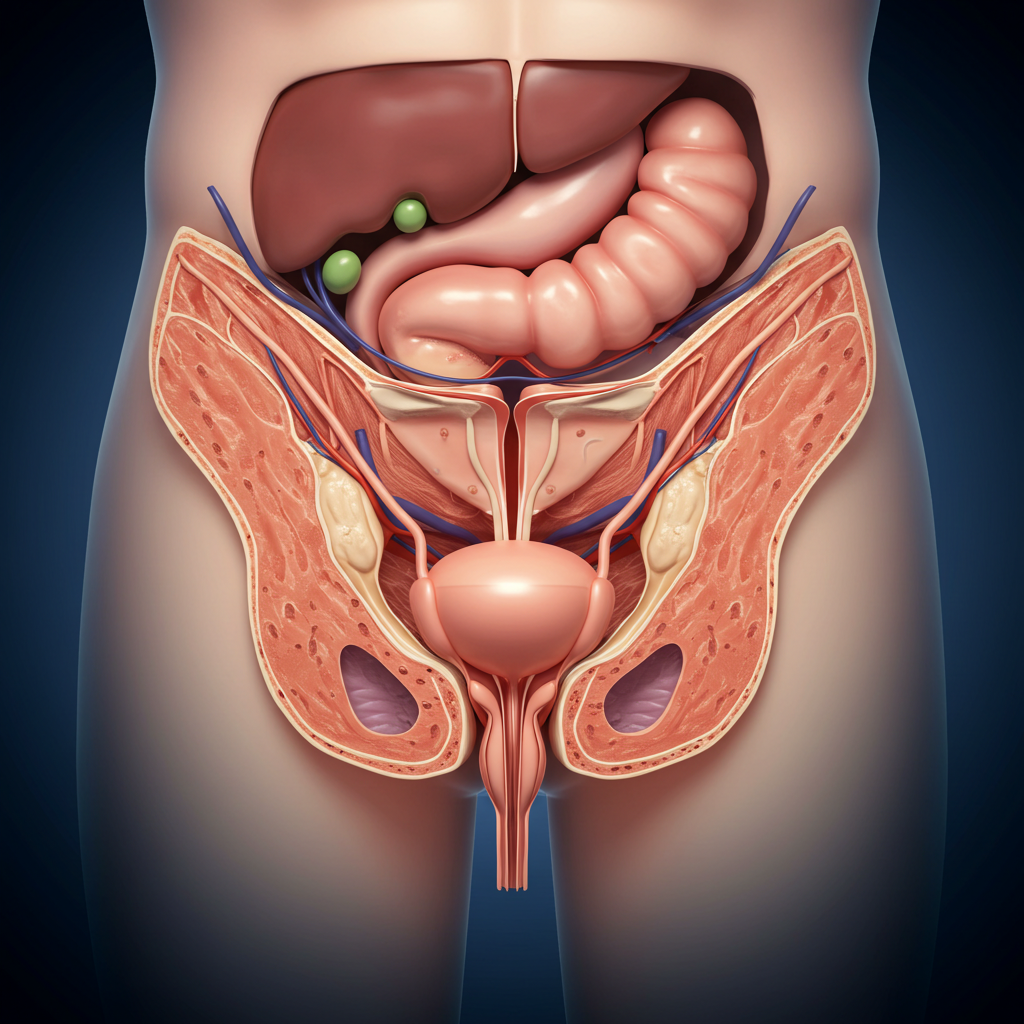 anatomical image of male urinary system showing the prostate 