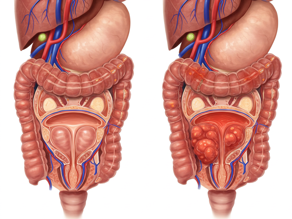 Image of a prostate normal size and another with prostatititis